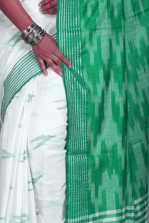 Swatika Ethnic Indian Bhagalpuri Handloom Ikkat Design White-Sea Green Colored Slub Saree/Sari with an unstitched Blouse Piece Model No - S9OTML118