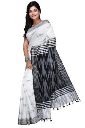 Swatika Ethnic Indian Bhagalpuri Handloom Ikkat Design White - Black Colored Slub Saree/Sari with an unstitched Blouse Piece Model No - S9OTML121