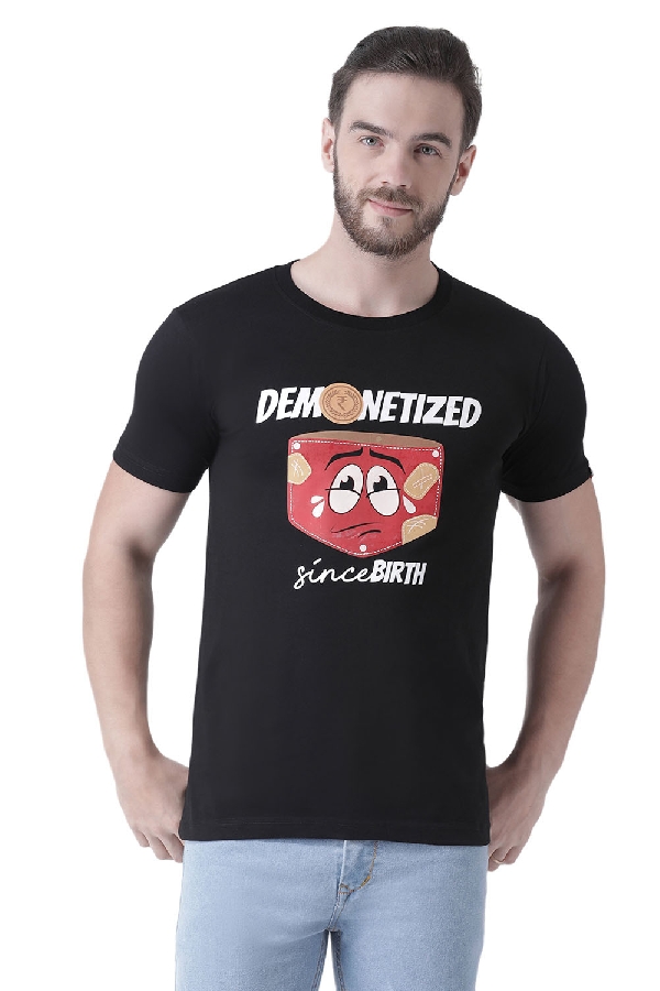 Demonetized Since Birth - Printed Men Round Neck Black T-Shirt
